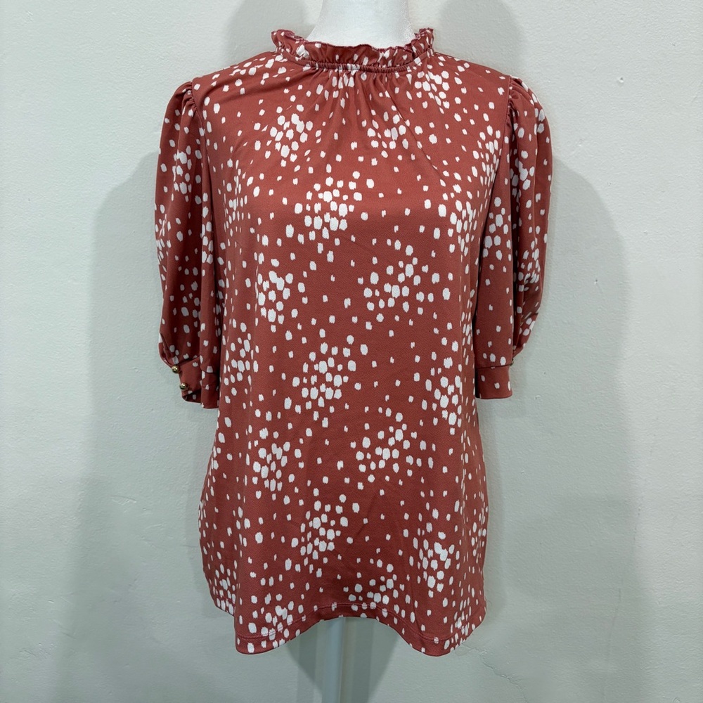 Salmon Puff Sleeve Ruffled Blouse